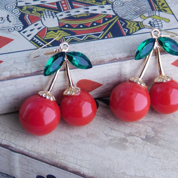 LARGE Cherry Earrings, Cherry Earrings, 1950's Cherry Earrings, Rockabilly Cherry Earrings, Vintage Inspired Cherry Earrings, Fruit Earrings