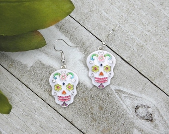 Skull Earrings, Day of the Dead Earrings, Skull Jewelry, Skull Earring, Gothic Earrings, White Sugar Skull Earrings, Skull Gift, Skulls