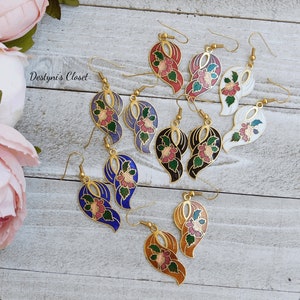 ONLY ONE LEFT!! Cloisonne Ribbon and Flower Earrings, Cloisonne Earrings, 80&#39;s Inspired Earrings, Flower Earrings, Cloisonne Jewelry