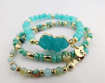 Druzy Bracelet Stack, PERSONALIZED Druzy Stretch Bracelet, Turquoise Druzy Bracelet, Druzy Jewelry, Bridal Gift, Mother of the Bride Gift