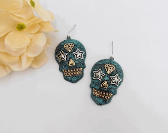 Sugar Skull Earrings, LARGE Sugar Skull Earrings, Rockstar Sugar Skull Earrings, Skull Earrings, Day of the Dead Earrings, Skull Jewelry