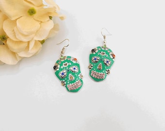 LARGE Sugar Skull Earrings, Turquoise Color Skull Earrings, Day of the Dead Skull Earrings, Sugar Skull Jewelry, Gothic Earrings, Skull Gift
