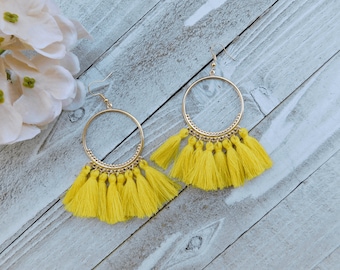 Yellow Tassel Earrings, Bohemian Tassel Earrings, Tassel Earrings, Hoop Earrings, Yellow Tassel Hoop Earrings, Gold Hoop Earrings, Summer