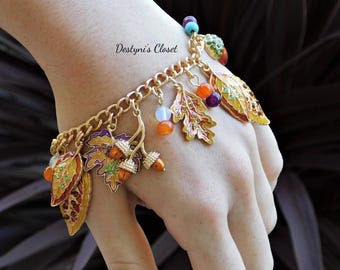 Charm Bracelet, Fall Bracelet, Thanksgiving Bracelet, Leaf Charm Bracelet, Leaf Bracelet, Fall Jewelry,  Unique Bracelet, Gift for Her