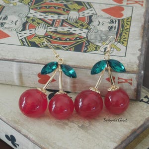LARGE Cherry Earrings, Cherry Earrings, 1950's Cherry Earrings, Rockabilly Cherry Earrings, Vintage Inspired Cherry Earrings, Fruit Earrings image 1