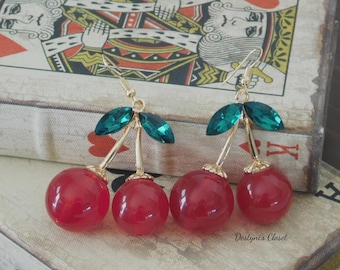 LARGE Cherry Earrings, Cherry Earrings, 1950's Cherry Earrings, Rockabilly Cherry Earrings, Vintage Inspired Cherry Earrings, Fruit Earrings