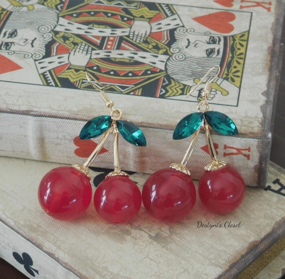 LARGE Cherry Earrings, Cherry Earrings, 1950's Cherry Earrings, Rockabilly Cherry Earrings, Vintage Inspired Cherry Earrings, Fruit Earrings