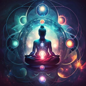 Könnte beinhalten: Die Silhouette einer Person in sitzender Meditationshaltung, zentriert in einem leuchtenden kreisförmigen Mandala-Muster. Das Bild zeigt lebendige Blau-, Lila- und Orangetöne mit hellem Licht, das aus der Mitte und den umgebenden Kugeln strahlt.