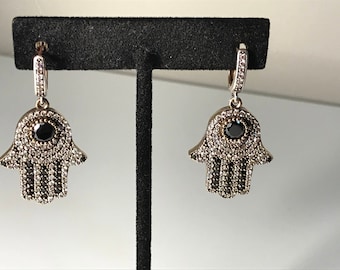 Oxidized Authentic Silver Hamsa Earings , Authentic Sappier Hamsa 925 Silver Earings , Two Tone, Blue Sappier.Large Size