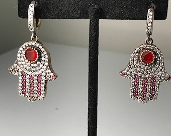 Oxidized Authentic Silver Hamsa Earings , Authentic Ruby Hamsa 925 Silver Earings , Two Tone,Ruby