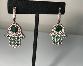 Oxidized Authentic Silver Hamsa Earrings , Authentic Emerald Hamsa 925 Silver Earings , Two Tone, Green Emerald Earrings, Large Size