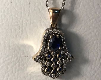 Sterling Silver Sappier pendent (Lab) with Diamonds / Silver Pendent dark Blue Stone