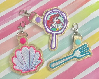 Mermaid Applique Set Snap Tab Embroidery Digital File Instant Download key fob, machine embroidery design, in the hoop