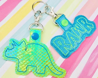 Dinosaur Rawr Snap Tab Set, Embroidery Digital File Instant Download key fob, machine embroidery design, in the hoop