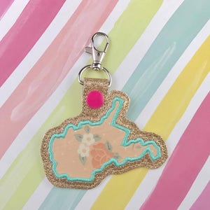 West Virginia Applique Snap Tab Embroidery Digital File Instant Download key fob, machine embroidery design, in the hoop