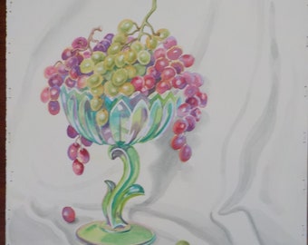 Original Watercolor Painting by Frieda Logan- Grapes Still Life- Realistic Watercolor- Vintage Art