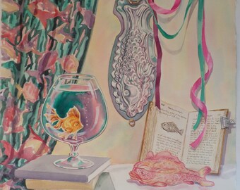 Original Watercolor Painting by Frieda Logan- Fish Bowl Still Life- Gold Fish Ribbons Pastel Colors Art- Realistic Watercolor- Vintage Art