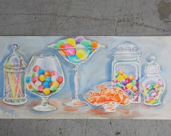 Original Watercolor Painting by Frieda Logan- Candy Still Life- Realistic Watercolor- Vintage Art