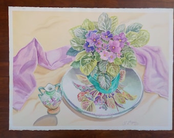 Original Watercolor Painting by Frieda Logan- Floral Still Life- Violets- Realistic Watercolor- Bedroom Art- Vintage Art