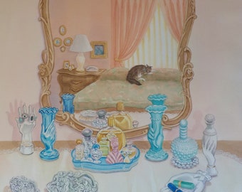 Original Watercolor Painting by Frieda Logan- Dressing Table Still Life- Cat in the Mirror- Realistic Watercolor- Vintage Art