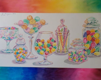 Original Watercolor Painting by Frieda Logan- Rainbow Candy Still Life- Realistic Watercolor- Vintage Art