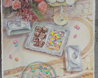 Original Watercolor Painting by Frieda Logan- Candy Still Life- Realistic Watercolor- Vintage Art