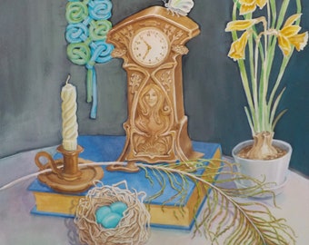 Original Watercolor Painting by Frieda Logan- Time Still Life- Realistic Watercolor- Vintage Art