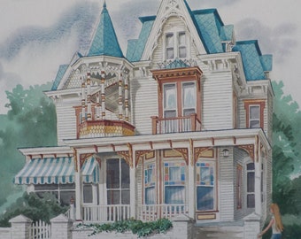 Original Watercolor Painting by Frieda Logan- Victorian House Painting - Realistic Watercolor- Vintage Art