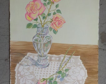 Original Watercolor Painting by Frieda Logan- Floral Still Life- Roses and Lace Art- Realistic Watercolor- Vintage Art