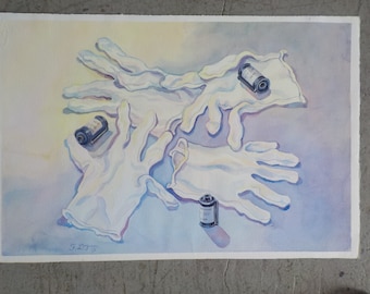 Original Watercolor Painting by Frieda Logan- Gloves and Film Still Life- Realistic Watercolor- Vintage Art