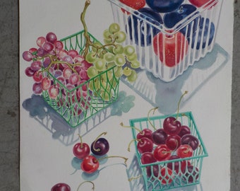 Original Watercolor Painting by Frieda Logan- Still Life with Plums, Grapes, and Cherries- Vintage Watercolor- Realistic Watercolor