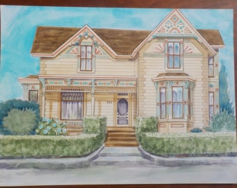 Original Watercolor Painting by Frieda Logan- Victorian House Painting - Realistic Watercolor- Vintage Art