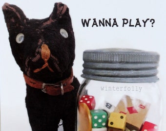 Whimsical photo notecard of a vintage toy dog asking if you “Wanna Play”