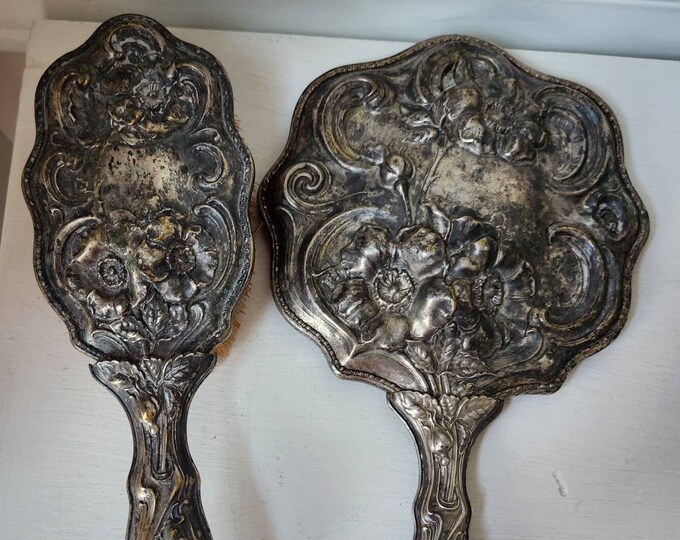 Antique Hand Mirror and Brush Set....vanity Mirror.....very Etsy
