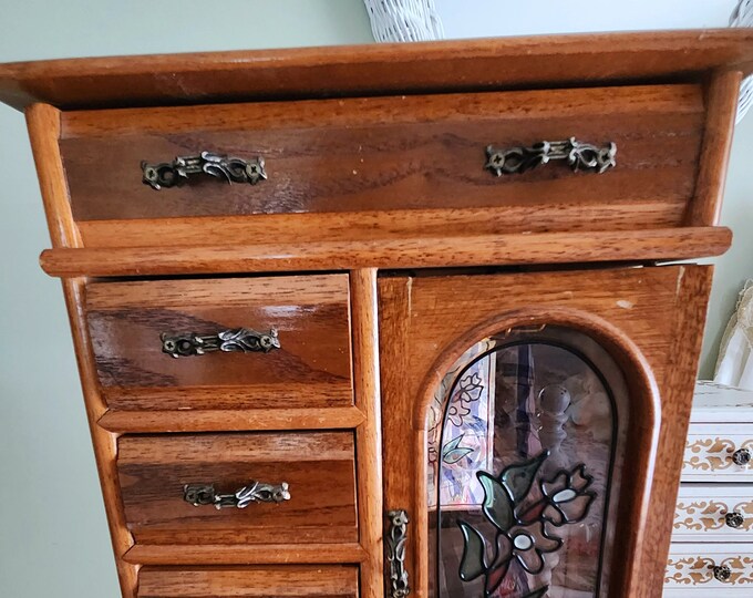 Stand up Jewelry Box...wooden With Glass Door...vintage...lots of
