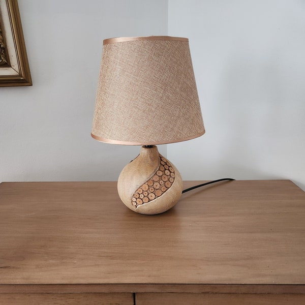 Midcentury style table lamp...linen look shade....wood look base...ceramic