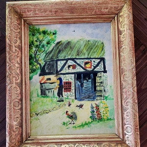 Original painting with pretty gold frame...vintage...primitive farm scene