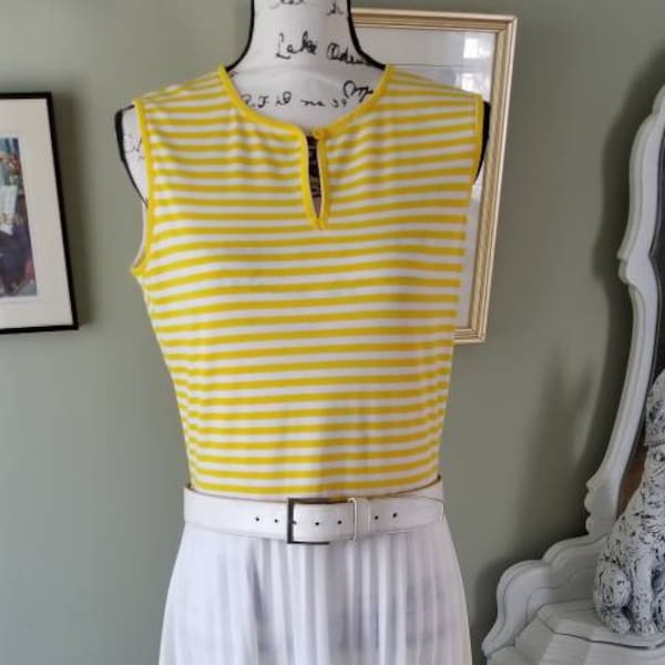 Two tone vintage dress...knit Jersey top.....pleated accordion skirt....yellow and white