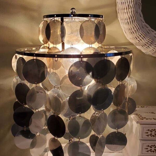 Funky capiz style lamp... hanging discs ..chrome...two levels...vintage...mod...bling