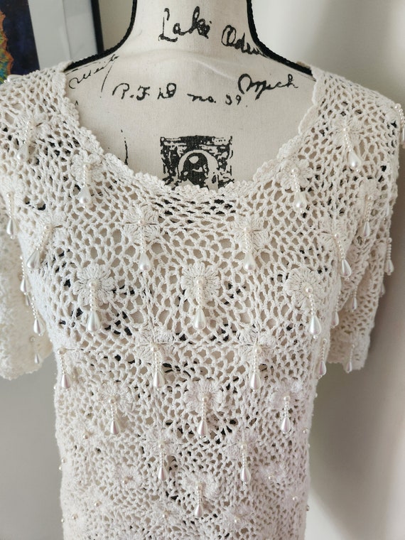 Hand crocheted sweater...white...hanging faux pear