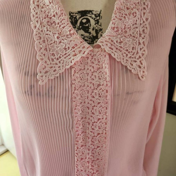 Beautiful pink blouse...vintage...semi sheer...lace collar and button placket....pleated