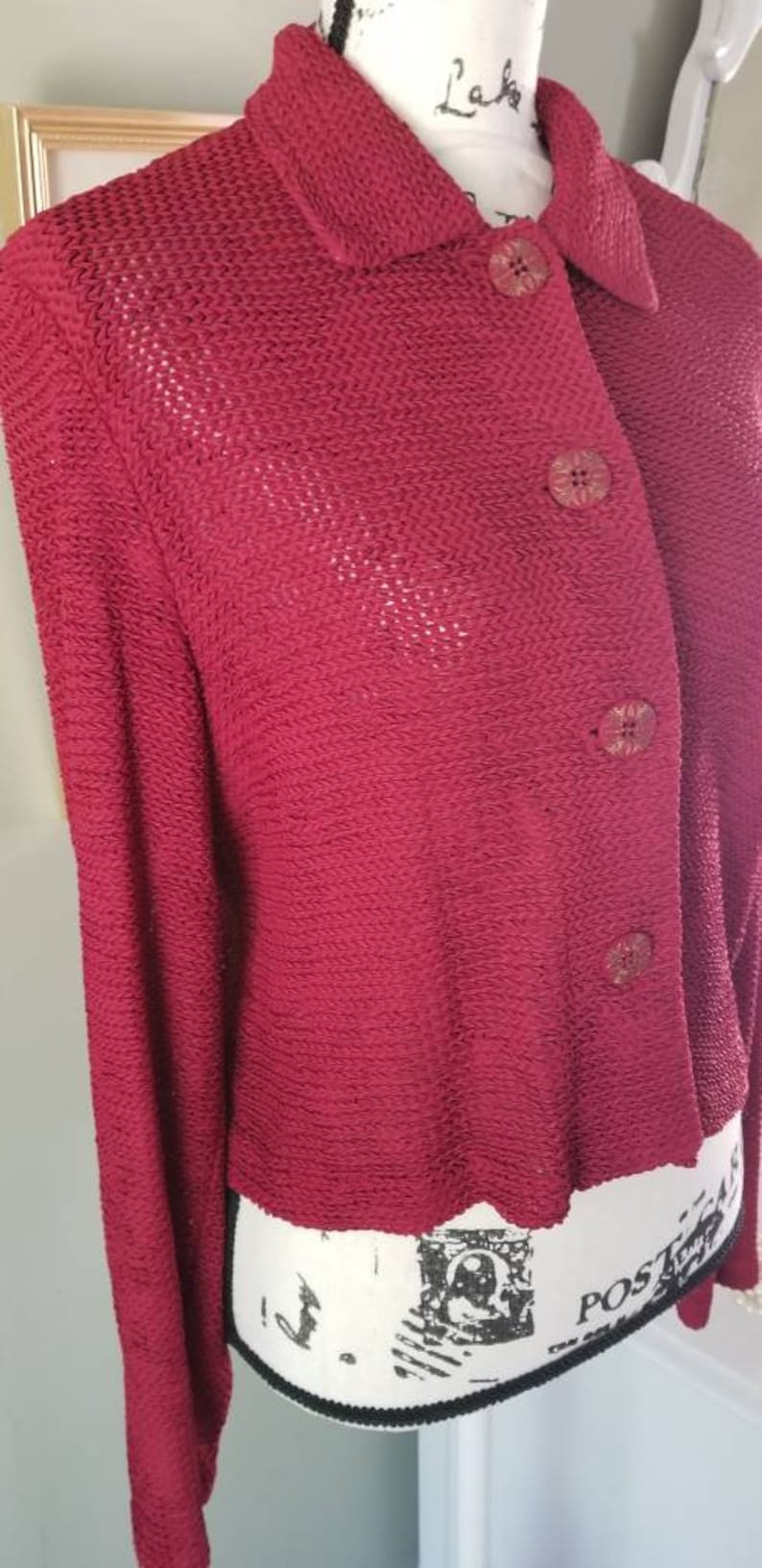 ..cranberry colored...big front buttons...shorter length Jessica Howard vintage cardigan