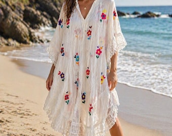 Vintage White Embroidered Floral Beach Cover-Up | Sheer Boho Lace Kaftan Tunic | Colorful Hand Embroidery Summer Resort Wear
