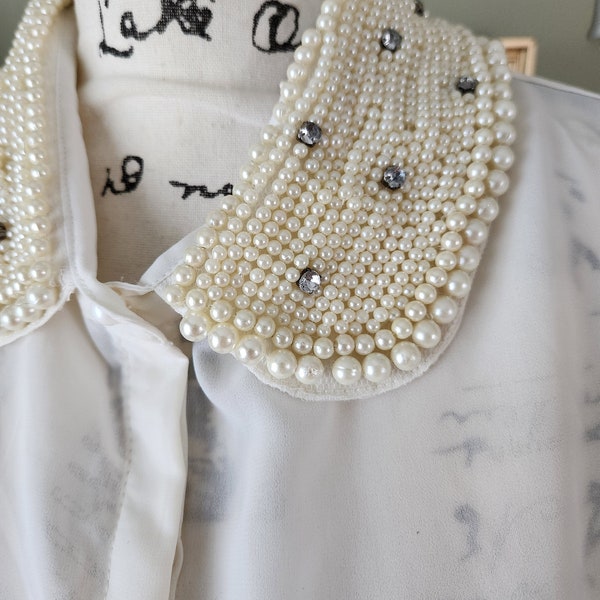 Vintage blouse with faux pearl and rhinestone collar...Denim 24/7.....Ivory