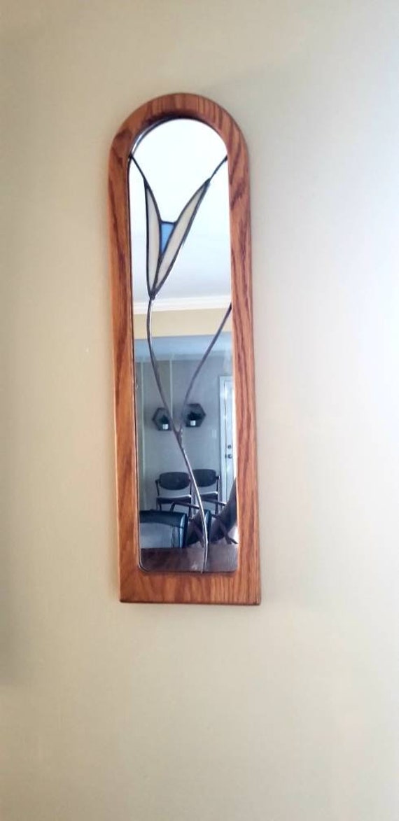 Art Deco Leaded Glass Mirror Solid Oak Border Vintage Large Tulip