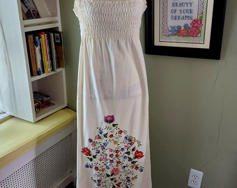 Boho sundress...maxi length....embroidered flowers...strappy...vintage 70s