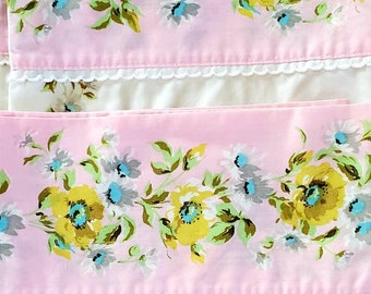 Vintage Flat Double Full Bed Sheet Yellow Gold Black Stripe or Blue Green White Stripe Montgomery Ward