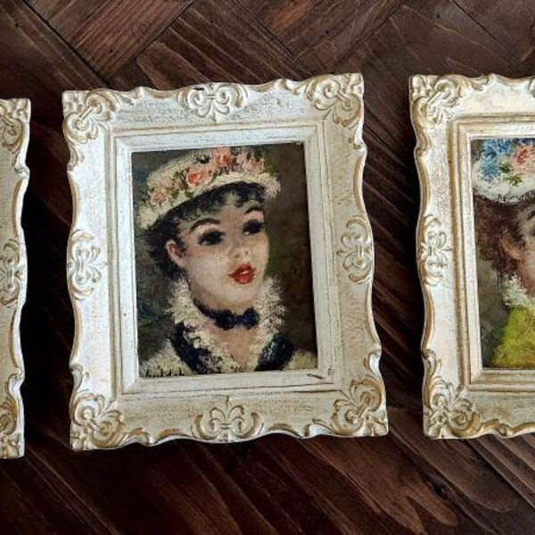 Midcentury framed pictures...girls in hats.. ornate frames...original boxes...priced separately