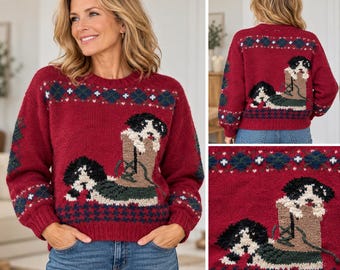 Vintage Woolrich Women’s Sweater..... Burgundy Dog Scene.....Fair Isle Knit Pullover.....Wool