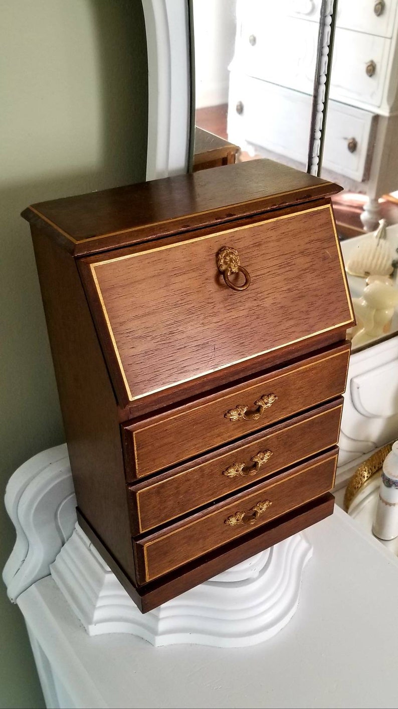 Vintage Wooden Jewelry Box Secretary Desk Style Gold Trim Great Condition